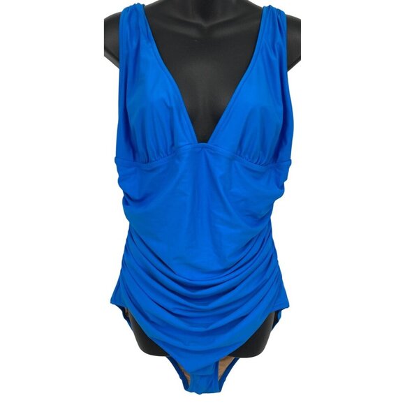 J. Crew Women Blue One-Piece Swimsuit Ruched Deep V-Neckline Slimming New - Picture 1 of 8